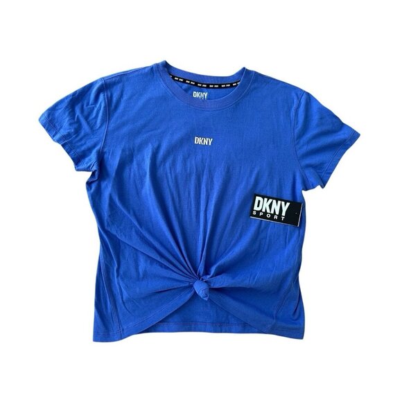Dkny Sport Women's Metallic Bubble Logo Knot-Front T-Shirt Blue Tee - Picture 1 of 13